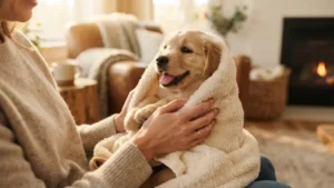 Un cachorro feliz y seguro después de su primer baño